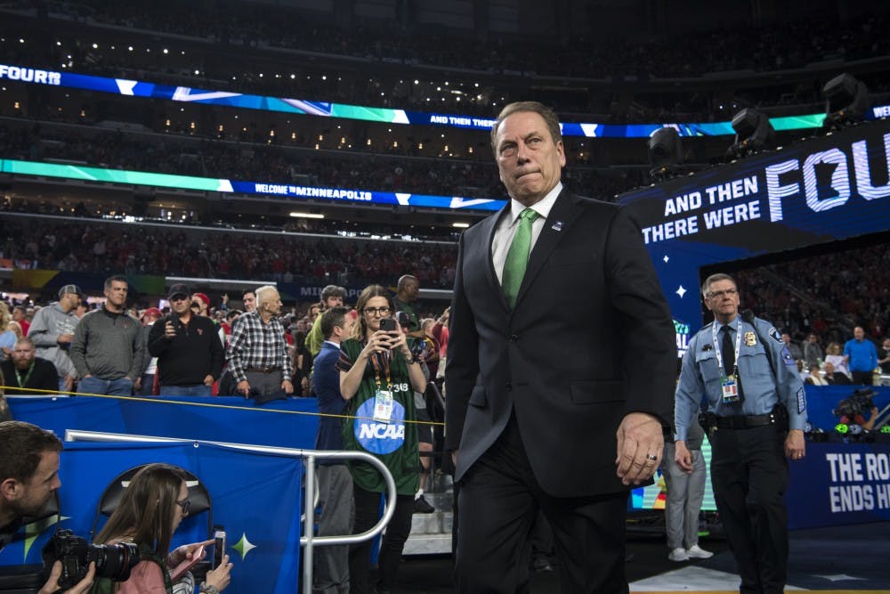 Michigan State head coach Tom Izzo walks to the court before the first half of the NCAA Final Four game against Texas Tech at U.S. Bank Stadium in Minneapolis on April 6, 2019. The Spartans lost to the Red Raiders 61-51.  (Nic Antaya/The State News)