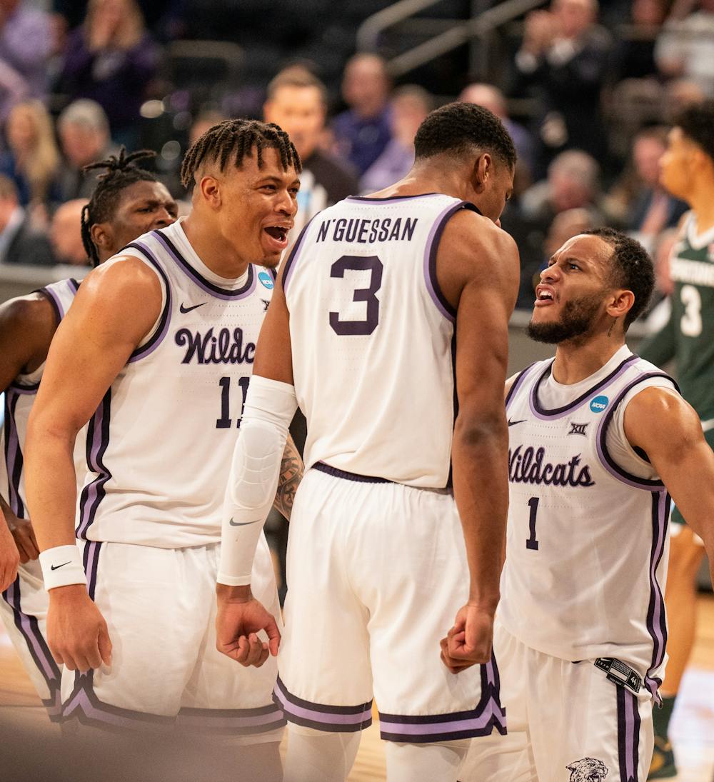 Kansas State celebrates during the Spartans' Sweet Sixteen matchup with Kansas State at Madison Square Garden on Mar. 23, 2023. The Spartans lost to the Wildcats 98-93 in overtime.