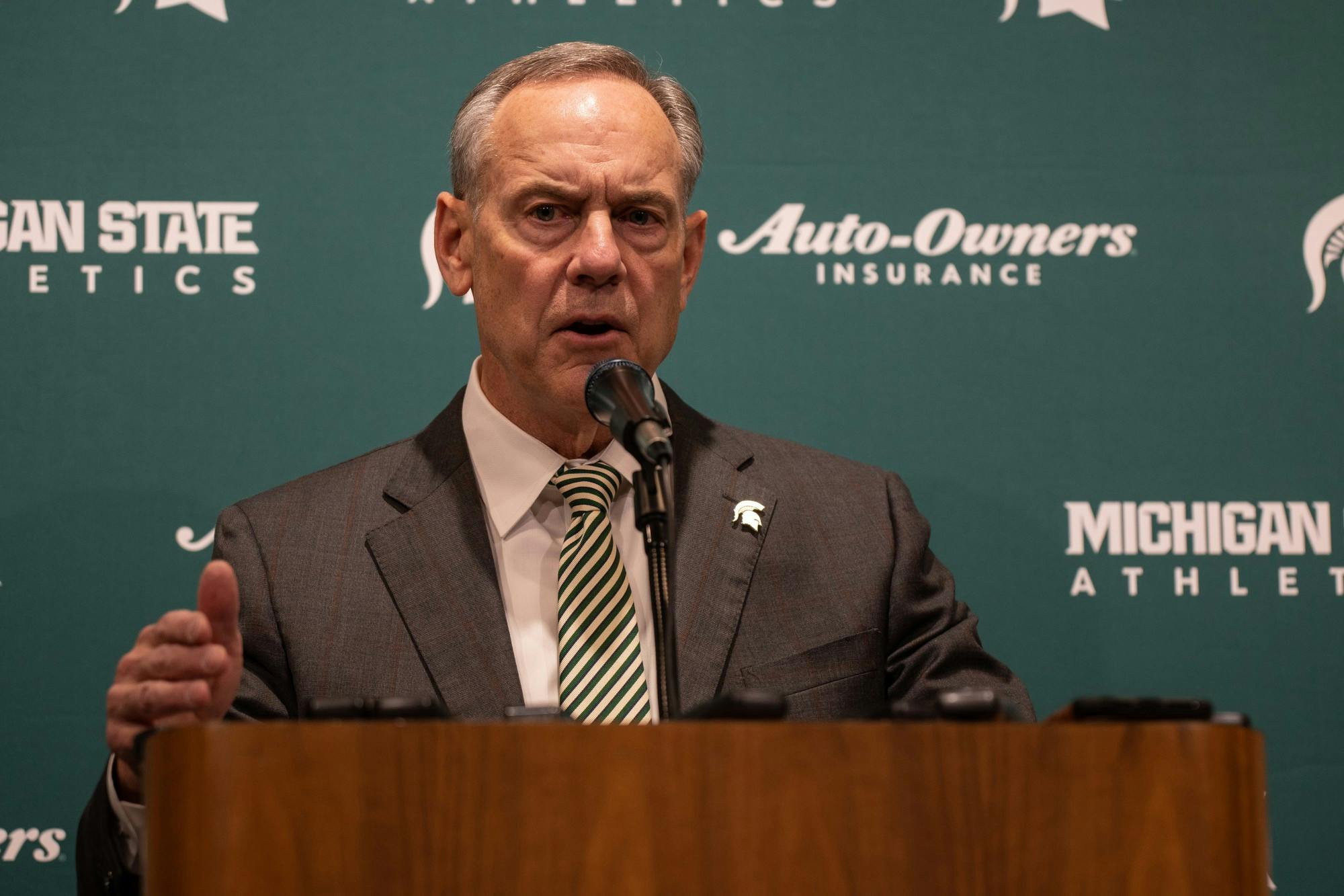 <p>Mark Dantonio speaking during a retirement press conference at the Breslin Center on Feb. 4, 2020.</p>