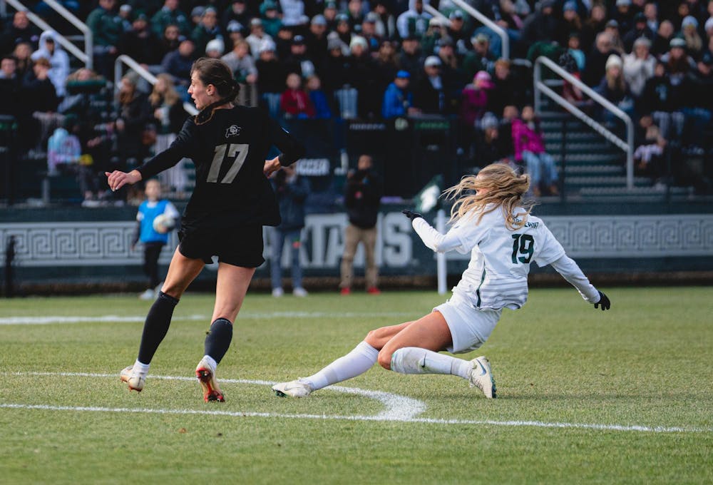 <p>MSU junior midfielder Emerson Sargeant (19) kicks the ball down the field at the DeMartin Soccer Stadium in East Lansing, MI, on Nov. 23, 2025.</p>