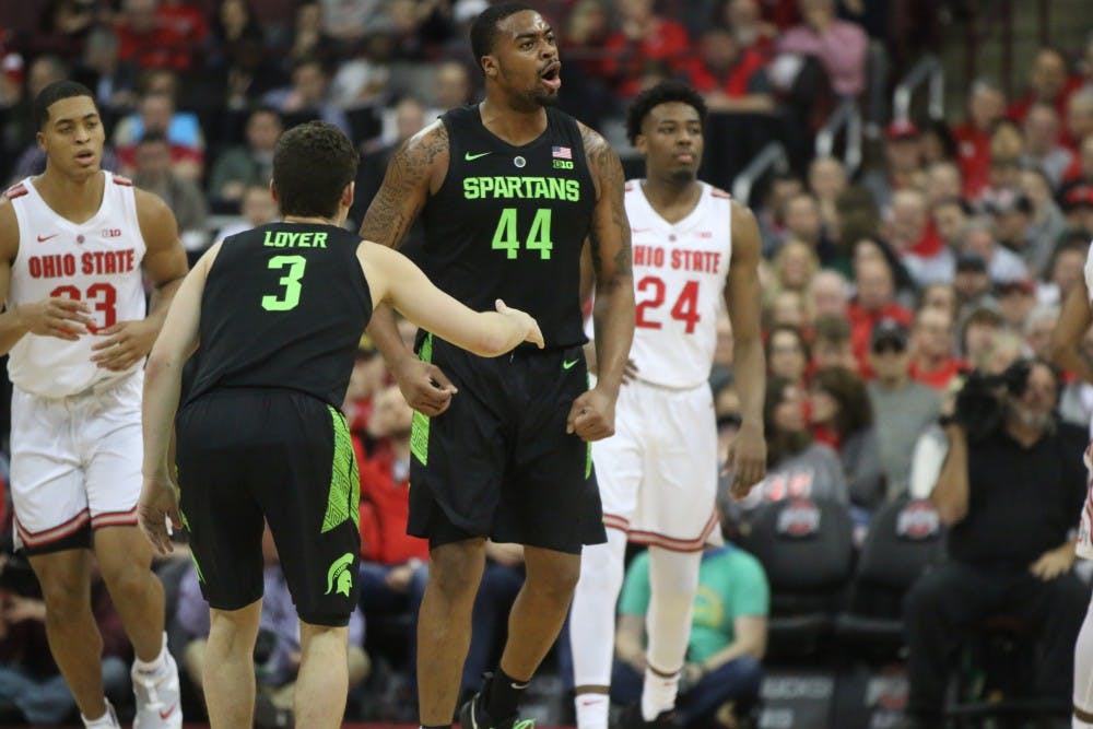 Sophomore forward Nick Ward (44) celebrates after a play during the Michigan State vs Ohio State game on Jan. 5 at The Schottenstein Center. The No. 8 Spartans defeated the No. 14 Buckeyes 86-77 (The Lantern/ Nick Hudak).
