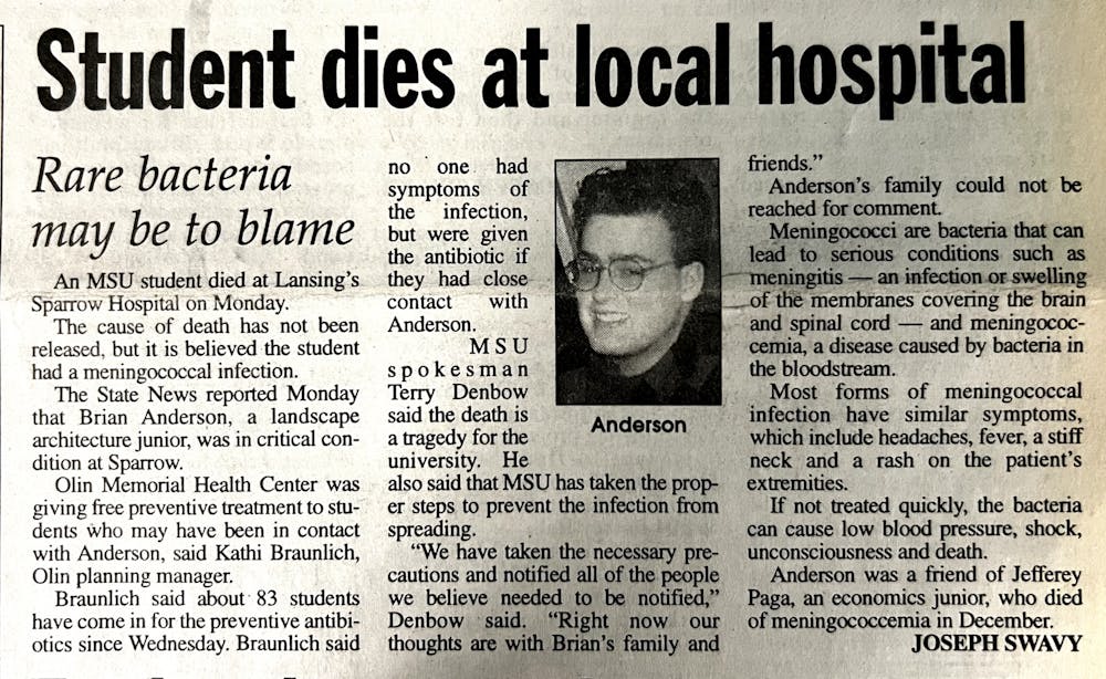 A State News story from February 1997 describing landscape architecture junior Brian Anderson's death. 