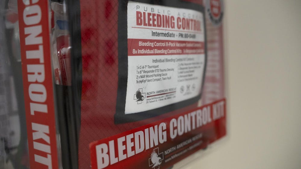 A bleeding control kit, located at East Fee Hall in East Lansing, Michigan on March 29, 2024. Bleeding control kits are located in all buildings on campus thanks to the efforts of the Student Emergency Response Team.