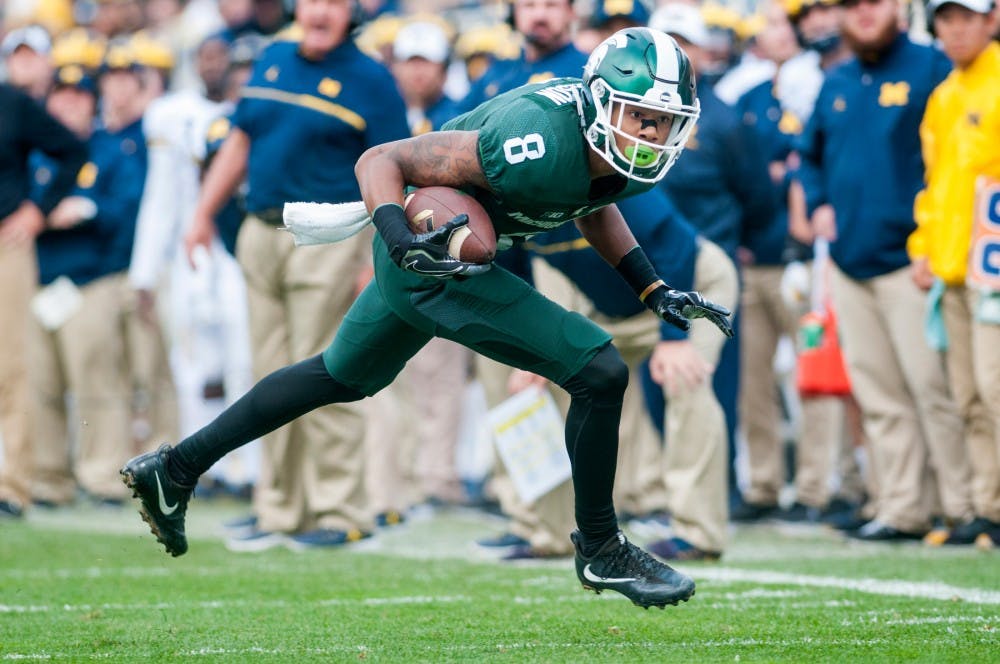 Freshman wide receiver Trishton Jackson (8) runs the football during the game against the University of Michigan on Oct. 29, 2016 at Spartan Stadium. The Spartans were defeated by the Wolverines, 32-23.