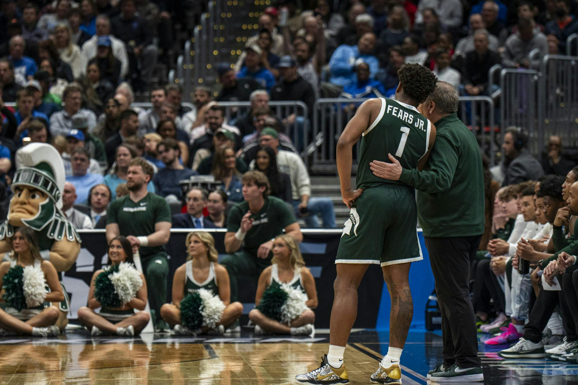 <p>MSU men's basketball head coach Tom Izzo with redshirt sophomore guard Jeremy Fears Jr. (1) on the side of the court vs. UConn in Capital One Arena at the Sweet Sixteen matchup in Washington, D.C., on Friday, March 27, 2026.</p>