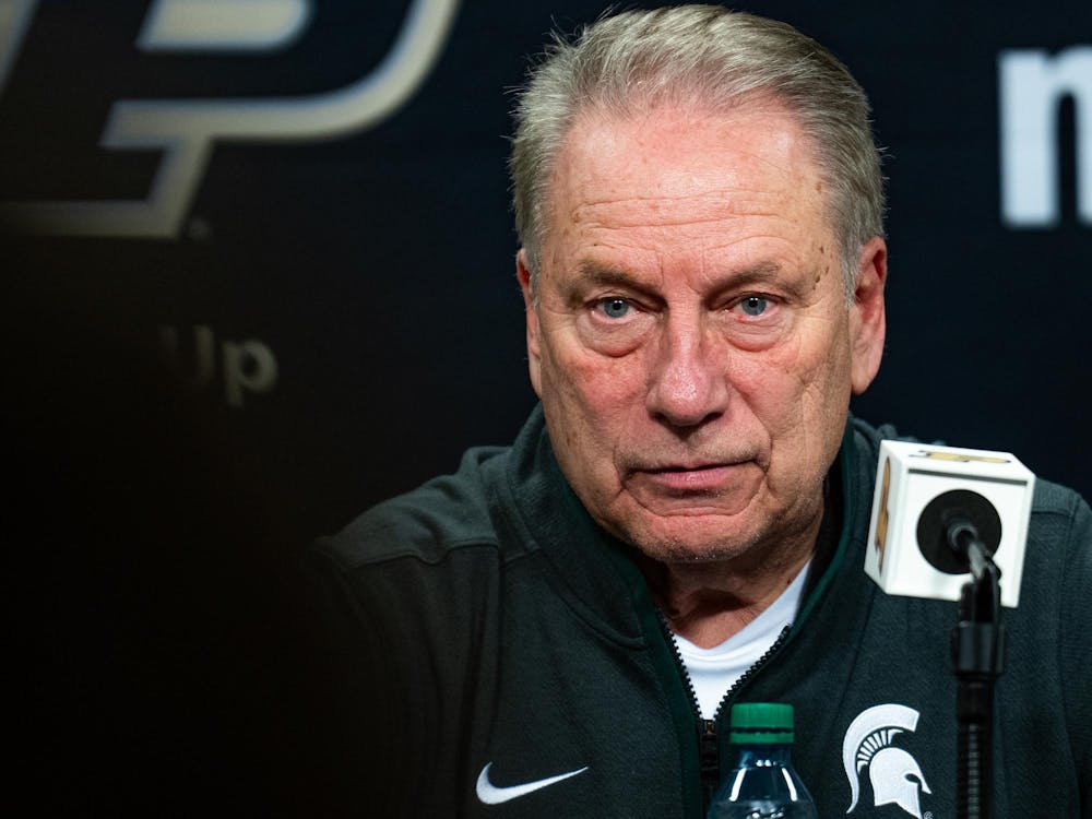 <p>Michigan State men's basketball head coach Tom Izzo speaks in a press conference inside Mackey Arena in West Lafayette, Indiana, on Thursday, Feb. 26, 2026. MSU beat Purdue 76-74.</p>