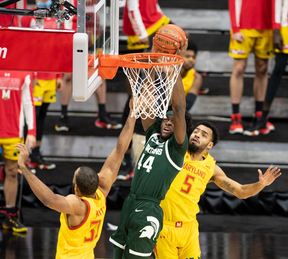 <p>MSU forward Gabe Brown attempts to score in the Big Ten basketball tournament during a game against Maryland on March 11, 2020.</p>