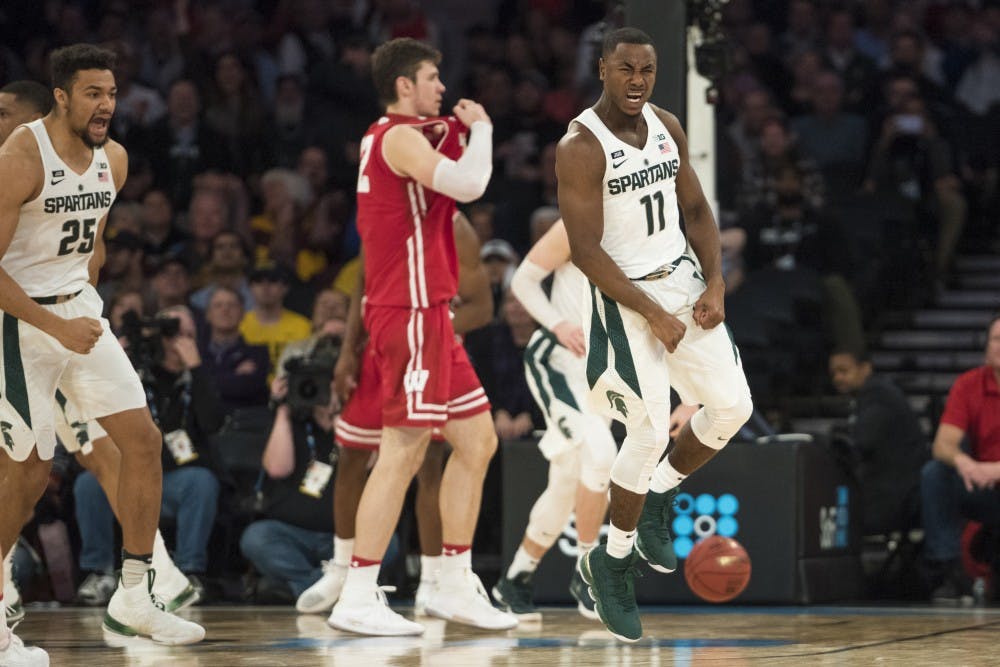 Senior guard Lourawls Nairn Jr. (11) reacts after MSU won the 2018 Big Ten Men's Basketball quarterfinal game against Wisconsin on March 2, 2018 at Madison Square Garden in New York. (Nic Antaya | The State News)