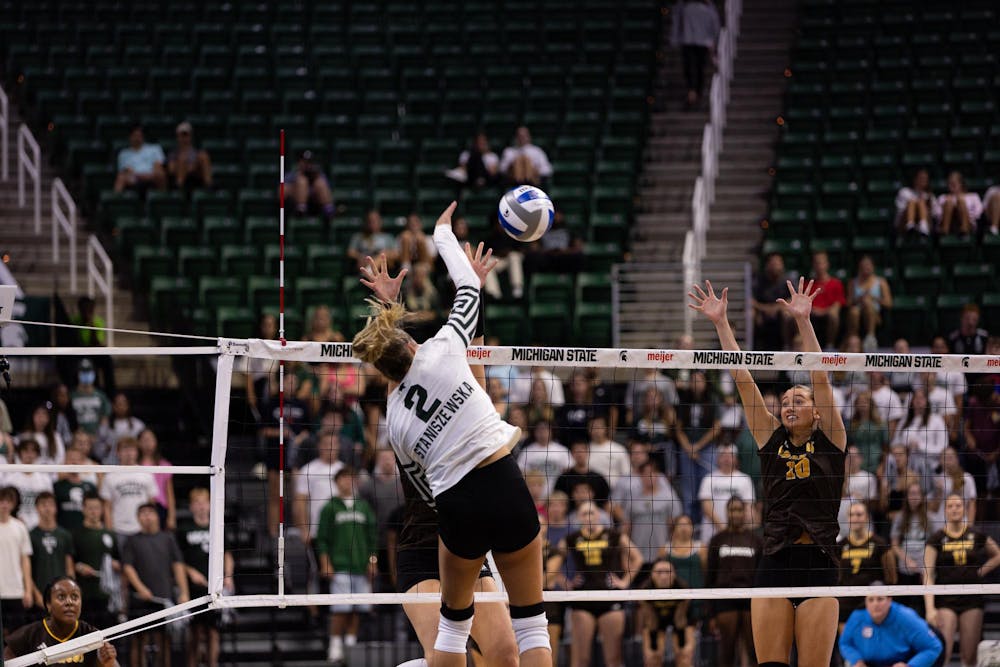 <p>Michigan State senior outside hitter Karolina Staniszewska (2) spikes the ball during the Michigan State vs Western Michigan volleyball game at the Breslin Center on Tuesday, Sept. 8, 2026.</p>