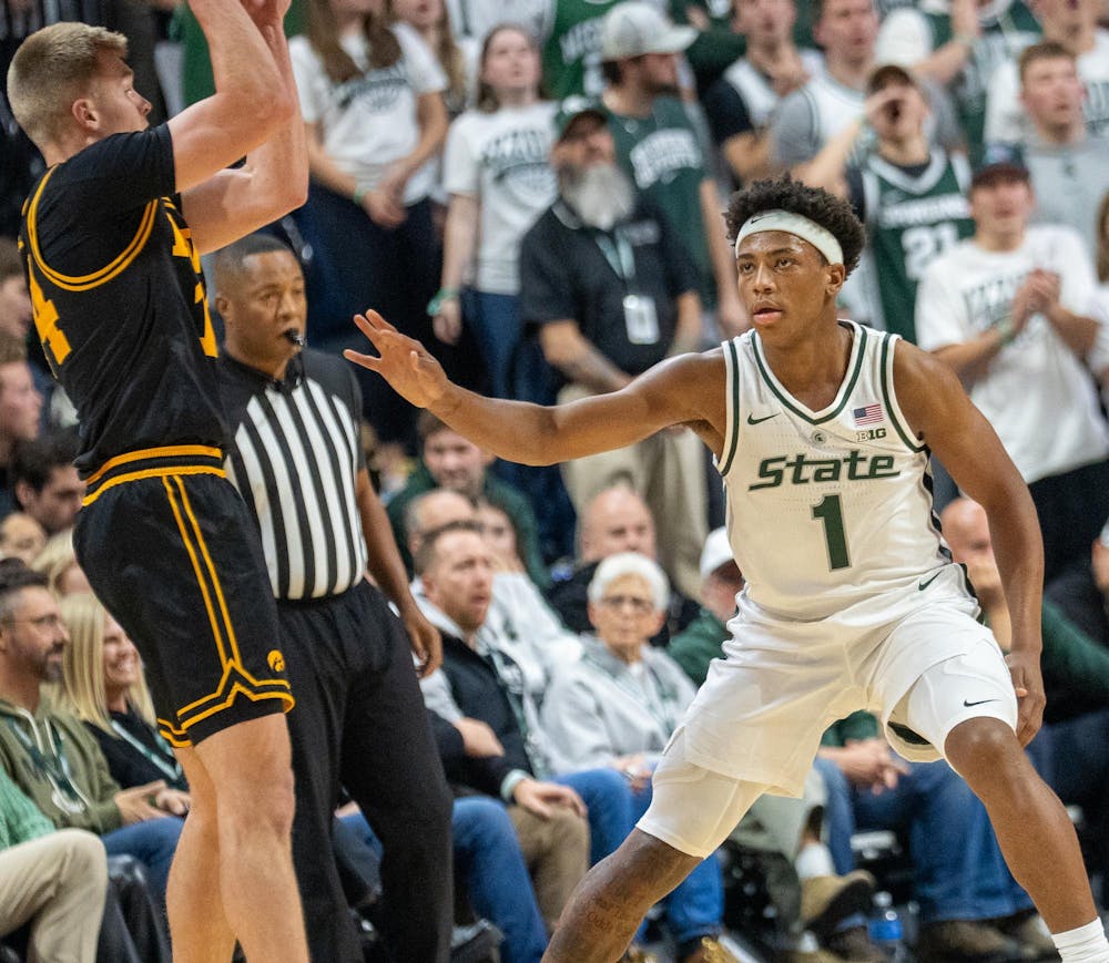 <p>Sophomore point guard Jeremy Fears Jr. (1) locks in on defense against a University of Iowa player at the Breslin Center on Dec. 2, 2025.</p>