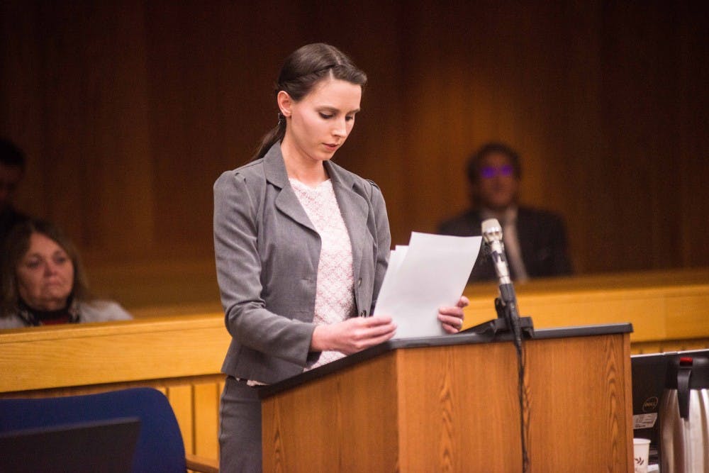 <p>Rachael Denhollander addresses the court during her victim impact statement on the second day of sentencing for Larry Nassar on Feb. 2, 2018, in the Eaton County courtroom. Nassar faces three counts of criminal sexual conduct in Eaton. Denhollander was the first women to publicly accuse Nassar of abuse. </p><p></p>