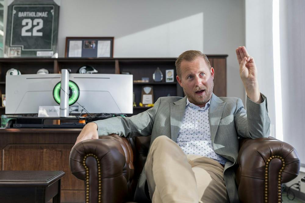 <p>Michigan State athletic director Dan Bartholomae speaks with The State News during an interview in his office in East Lansing, Mich., on Wednesday, Oct. 7, 2026.</p>
