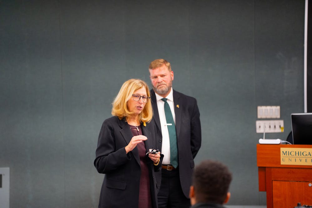 Interim president, Teresa K. Woodruff answering questions at the ASMSU GA meeting, held at the international center on November 3, 2022.

