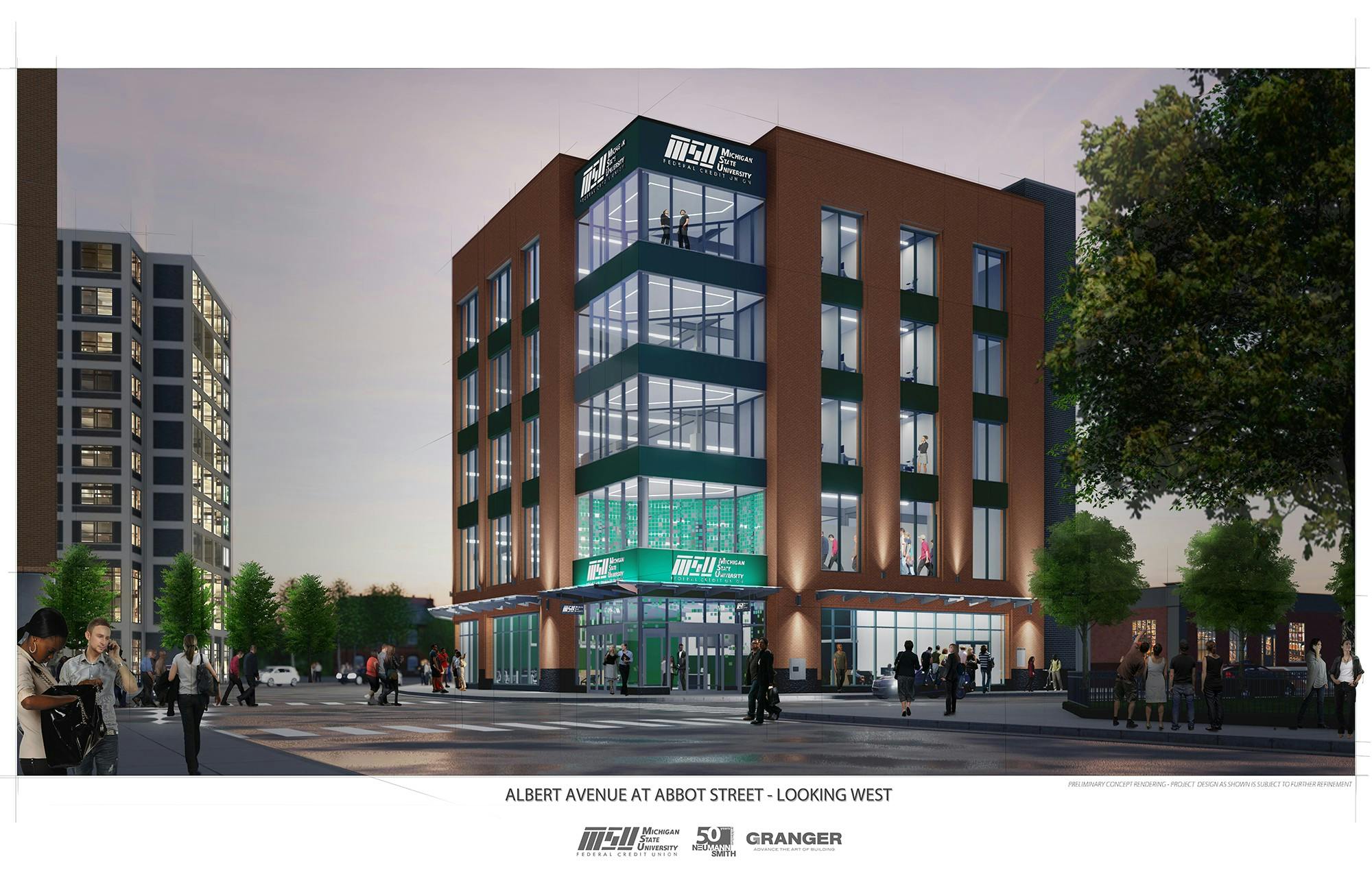 Rendering of the proposed MSUFCU branch and innovation building. COURTESY OF CITY OF EAST LANSING