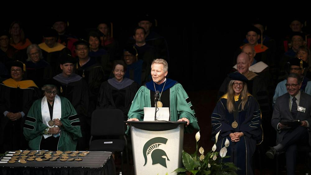 <p>MSU President Kevin Guskiewicz speaks from the podium during the 2026 State of the University Address at the Pasant Theatre in the Wharton Center for Performing Arts in East Lansing, Mich., on Tuesday, Sept. 29, 2026.</p>