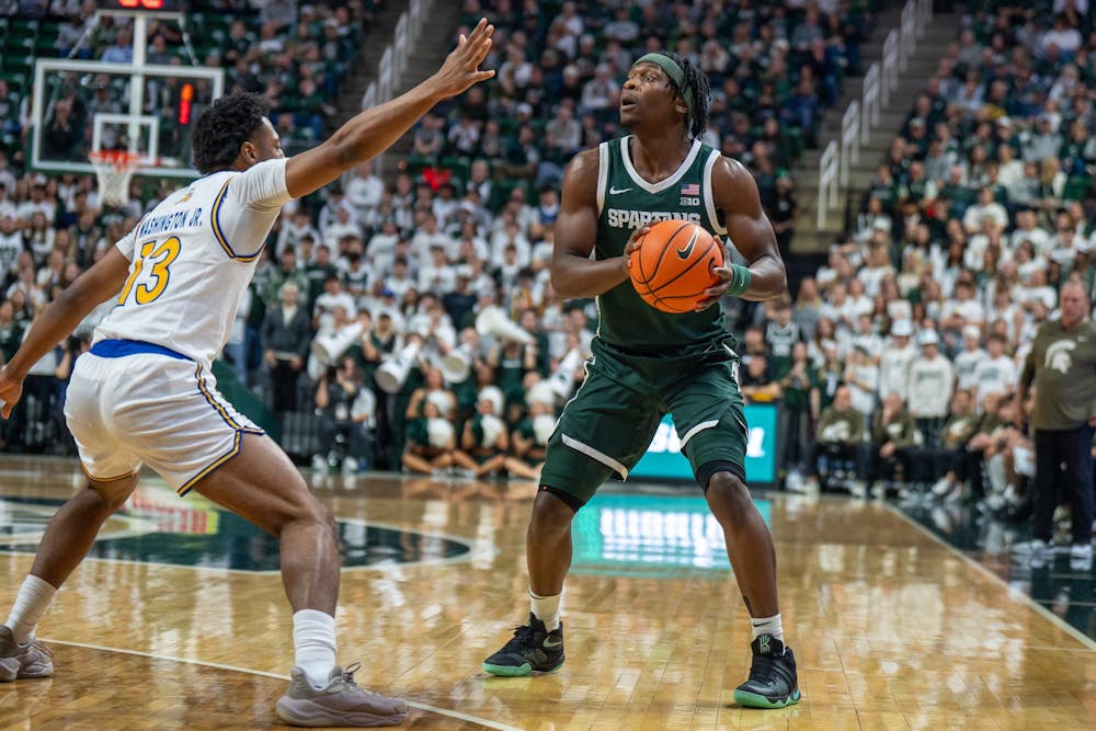 <p>Michigan State's guard and senior Trey Fort (9) looks to pass versus San Jose State at the Breslin Center in East Lansing, Michigan on Thursday, Nov. 13, 2025.</p>