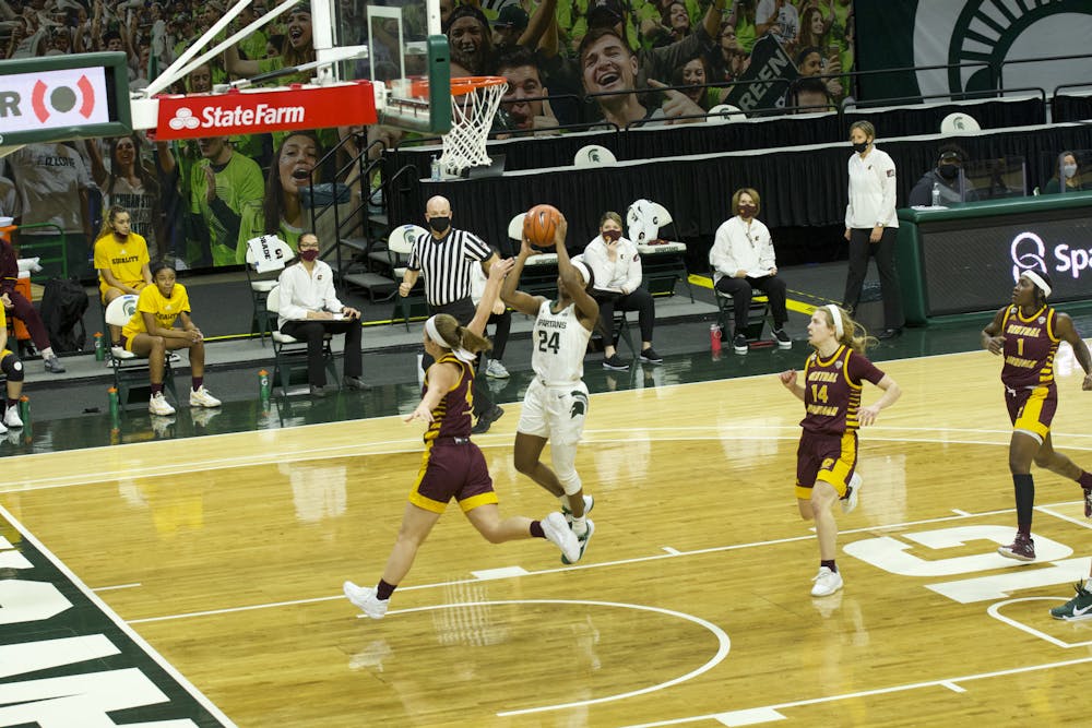 <p>Nia Clouden (24) attacks the room against Central Michigan in the Spartans&#x27; 79-70 win on Dec. 18, 2020. MSU improved to 5-0 with the win.</p>