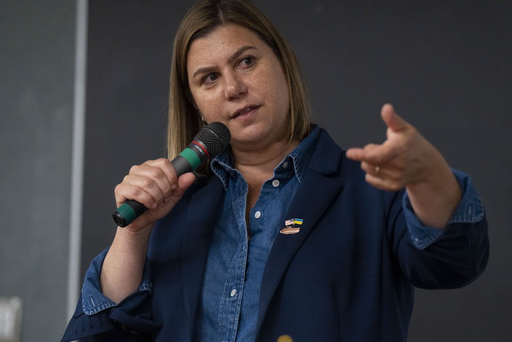 Rep. Elissa Slotkin speaks on the importance of supporting Ukraine on Thursday, Sept. 1, 2022 during a town hall in the International Center at Michigan State University.