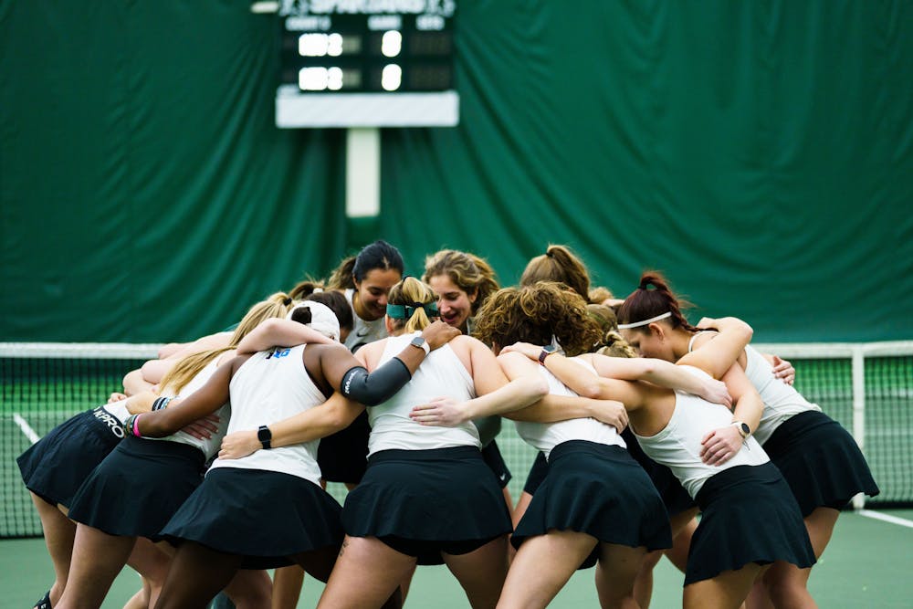The MSU Women's Tennis team prepares for a match against Nebraska, held at the MSU Tennis Center on March 19, 2023. The Spartans fell to the Cornhuskers 4-2.