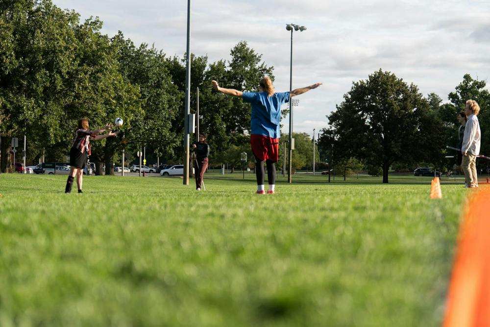 <p>Michigan State quadball players engage in a drill during their practice at IM East Field in East Lansing, Mich., on Monday, Sept. 21, 2026.</p>