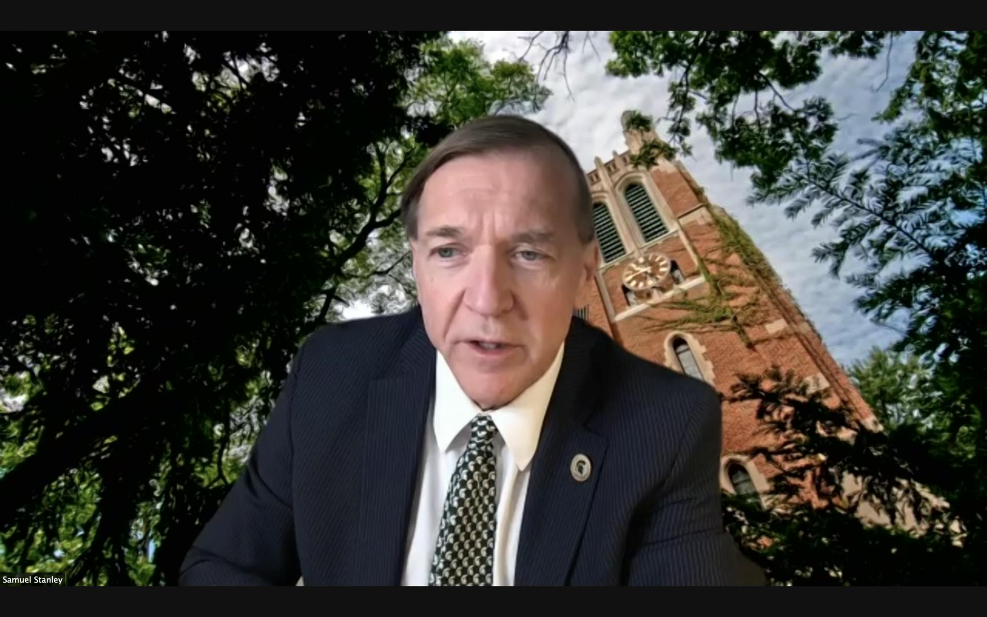 <p>President Samuel L. Stanley Jr. speaking during a press conference after the Oct. 30, 2020, Board of Trustees meeting. </p>