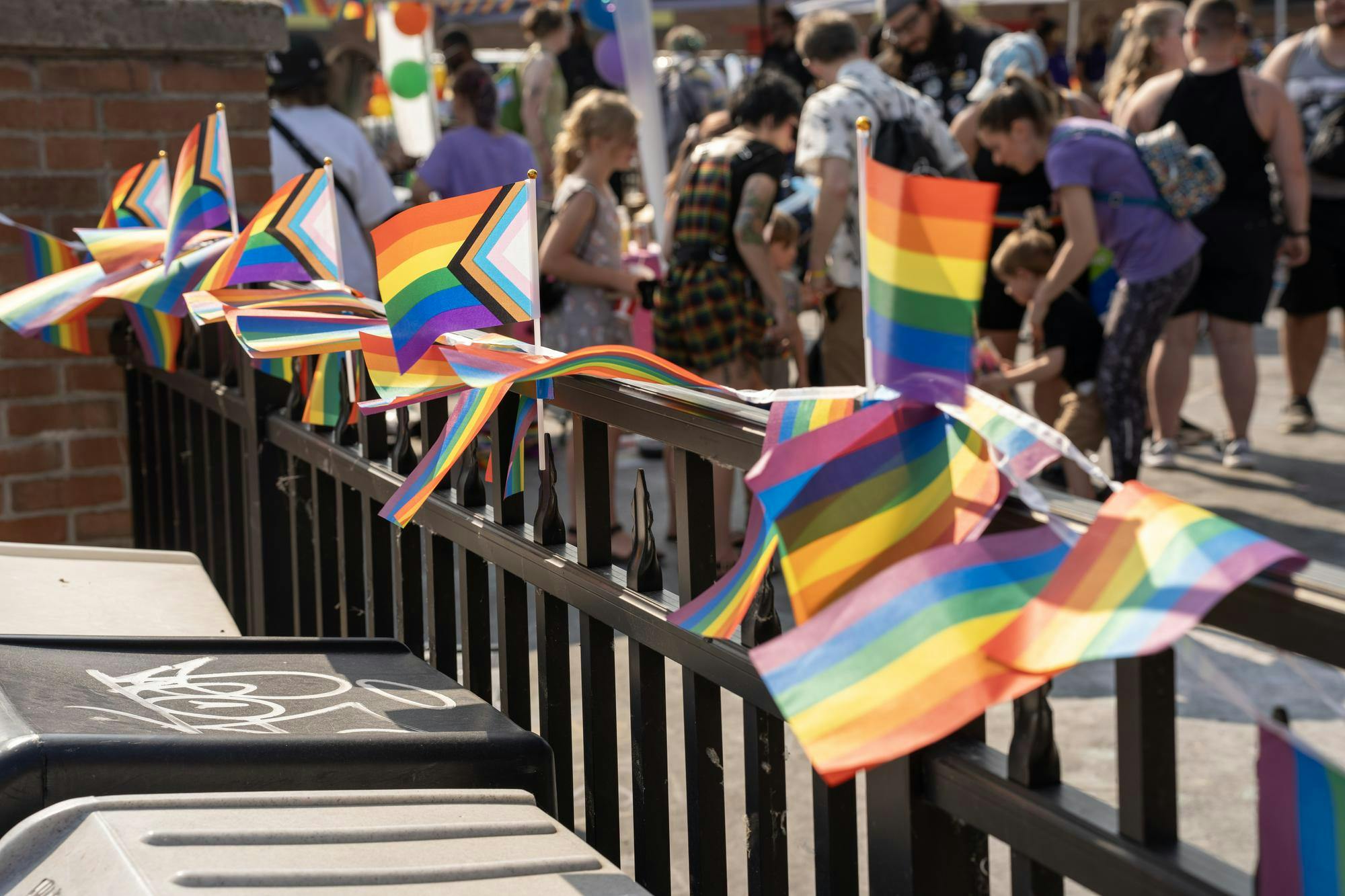 <p>Pride flags adorn the rail at the Lansing Pride Festival on June 17, 2023.</p>