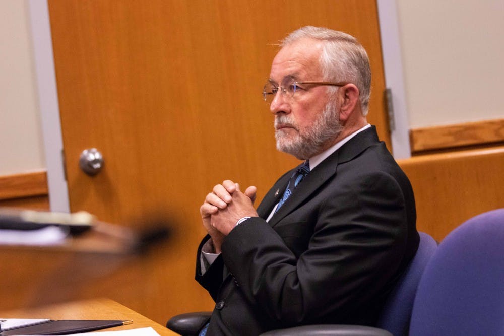 Former MSU dean William Strampel sits during his preliminary hearing  on June 5, 2018 at the 54B District Court. Strampel is charged with four criminal charges including a fourth-degree criminal sexual conduct charge and a felony count of misconduct in office.