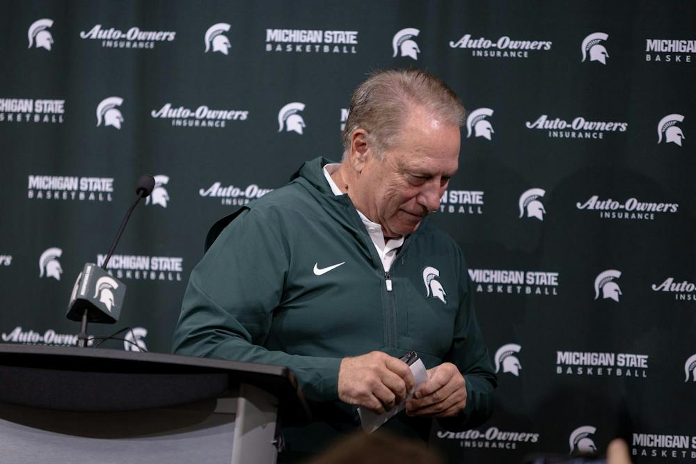 <p>Michigan State head men's basketball coach Tom Izzo exits the first day of practice press conference at the Breslin Center in East Lansing, Mich., on Tuesday, Sept. 22, 2026.</p>