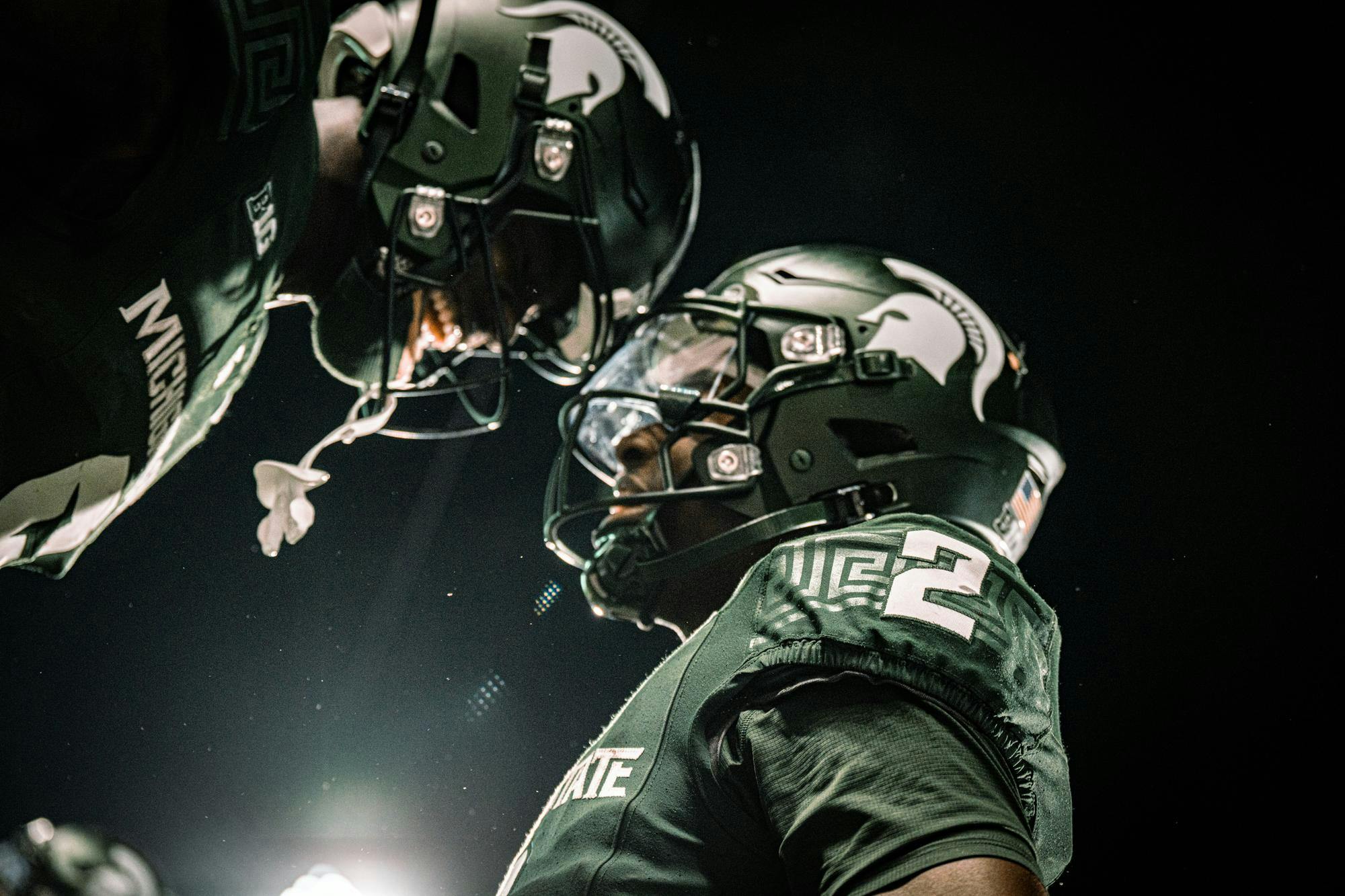 <p>Michigan State freshman wide receiver Nick Marsh (6) celebrates with sophomore quarterback Aidan Chiles (2) after scoring a touchdown at the homecoming game against the University of Iowa at Spartan Stadium on Oct. 19, 2024. The Spartans took victory over the Hawkeyes with a score of 32-20.</p>