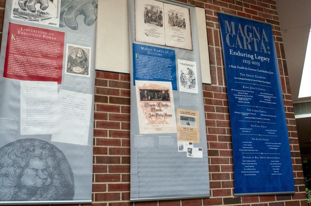 “The Magna Carta: Enduring Legacy 1215 -2015” by The American Bar Association in conjunction with the U.S. Library of Congress is displayed in the College of Law on Feb. 12, 2019.