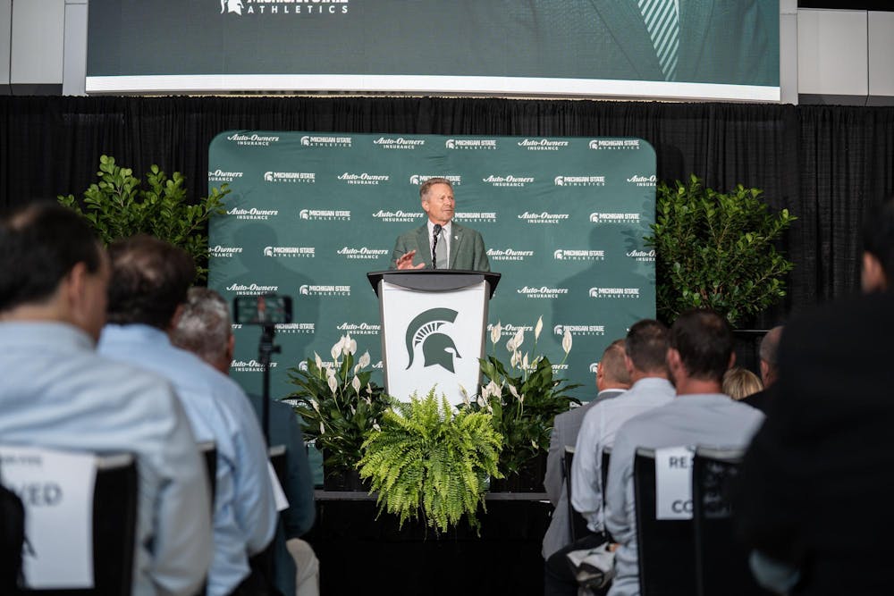 <p>President Kevin Guskiewicz speaks at a press conference introducing Michigan State University's new vice president and athletic director, Dan Bartholomae, at the Breslin Center in East Lansing, Mich., on Aug. 19, 2026.</p>