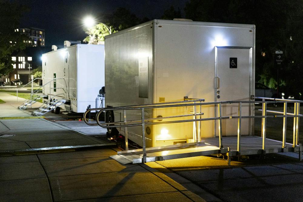 <p>Portable shower units are brought on to Michigan State's campus for students without hot water from the campuswide power outage in East Lansing, Mich., on Wednesday, Sept. 23, 2026.</p>