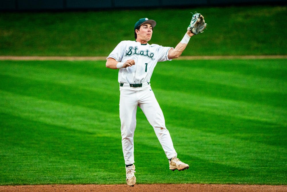 MSU sophomore infielder Ryan McKay (1) makes a leaping catch during a game at McLane Stadium on April 13, 2025.