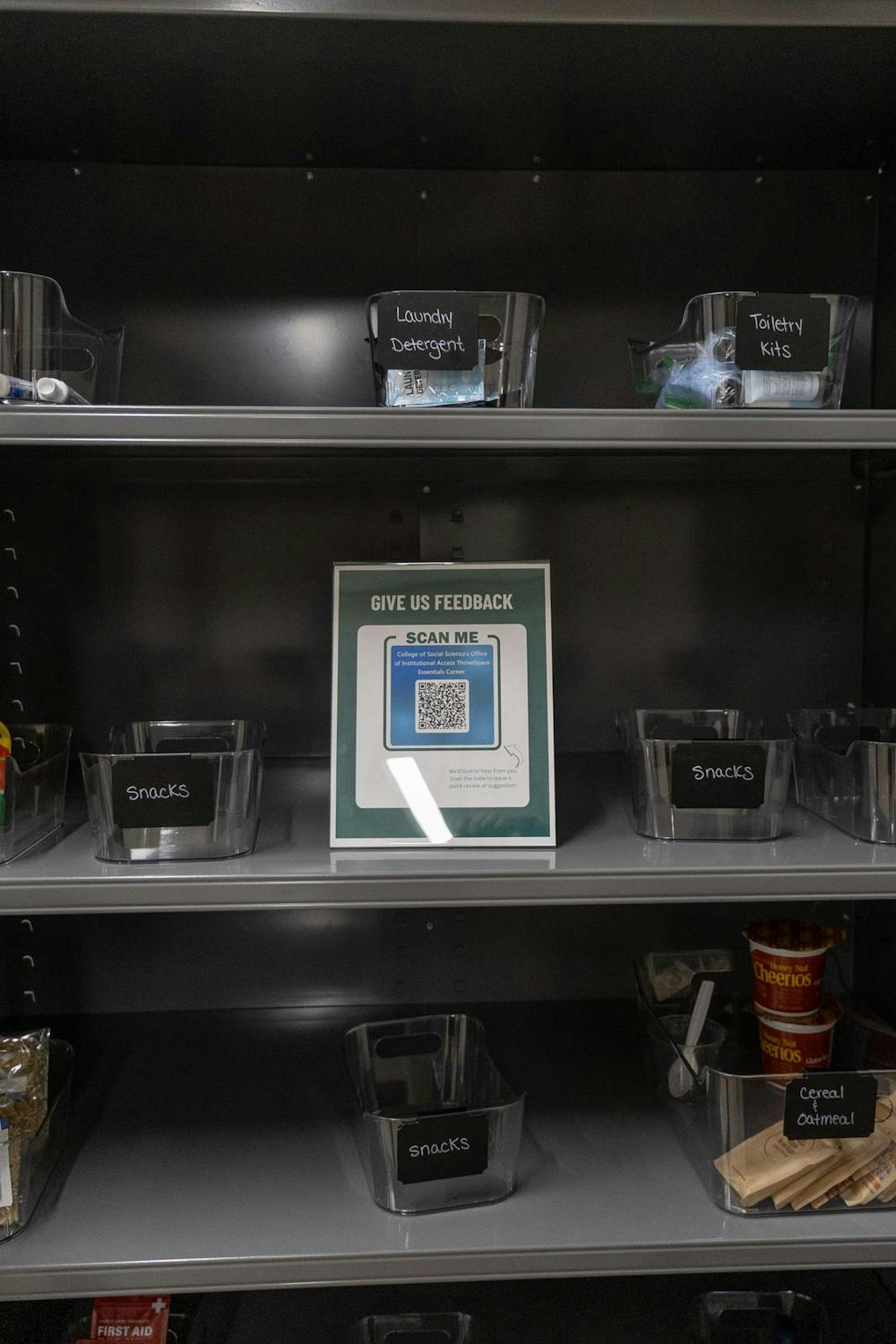 <p>A sign in the donation closet asking students to share their experiences with the "Thrive Space" in Berkey Hall in East Lansing, Mich., on Wednesday, Sept. 9, 2026.</p>