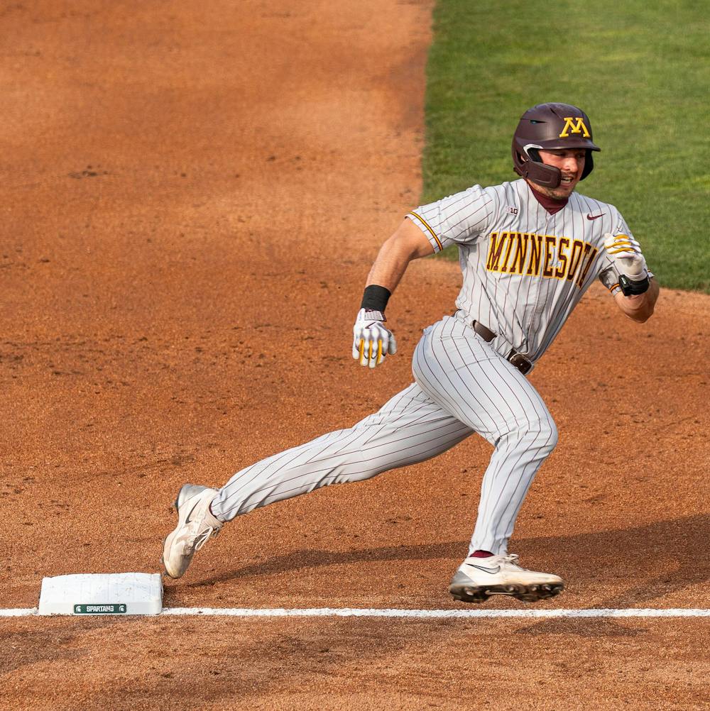 <p>Minnesota sophomore infielder Charlie Sutherland (41) rounds third base at McLane Stadium on May 15, 2025. The Spartans fell to the Gophers 4-3.</p>