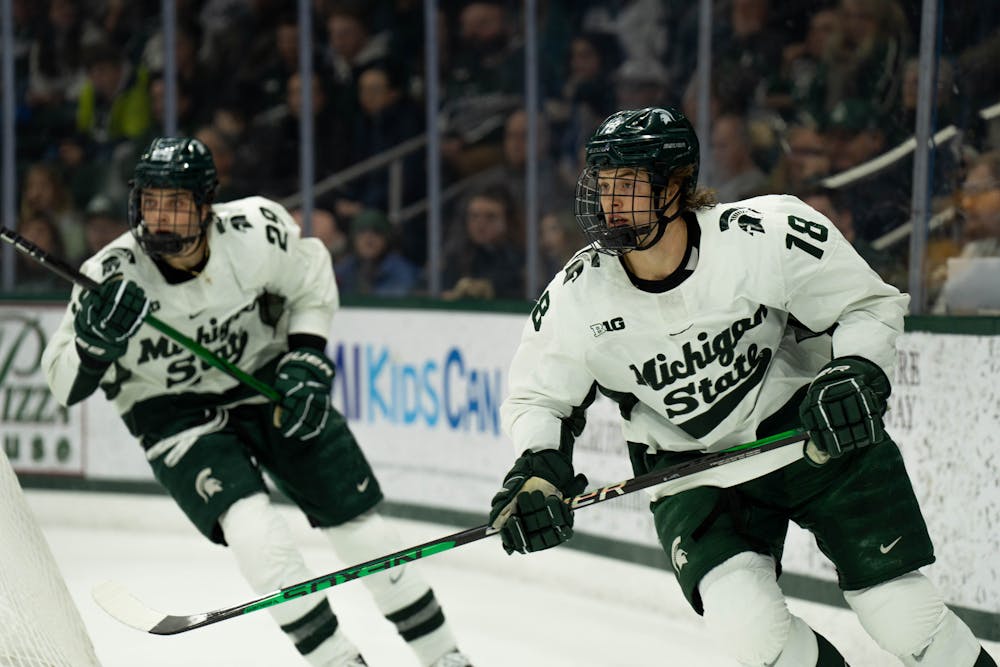 <p>Michigan State forwards No. 18 Joey Larson and No. 29 Gavin O'Connell skate behind the net at Munn Ice Arena in East Lansing, Michigan on Jan. 26, 2024. Michigan State secured a huge win to take a commanding lead of first in the Big Ten.</p>
