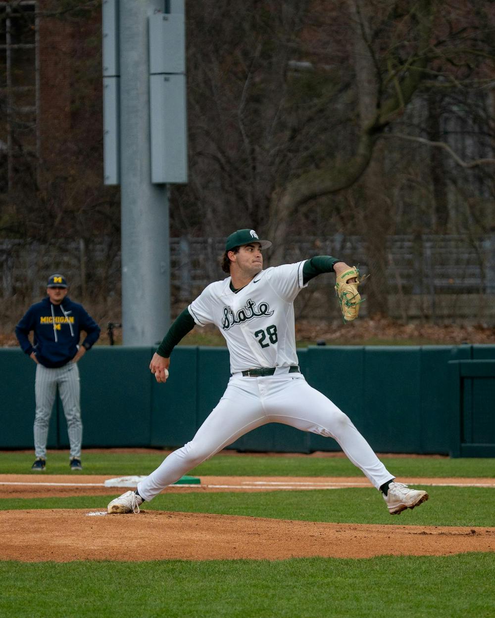 Michigan State pitcher throws a fastball during Michigan State’s game against Michigan at Jeff Ishbia Field at McLane Stadium in East Lansing, Mich., on Friday, April 10, 2026.