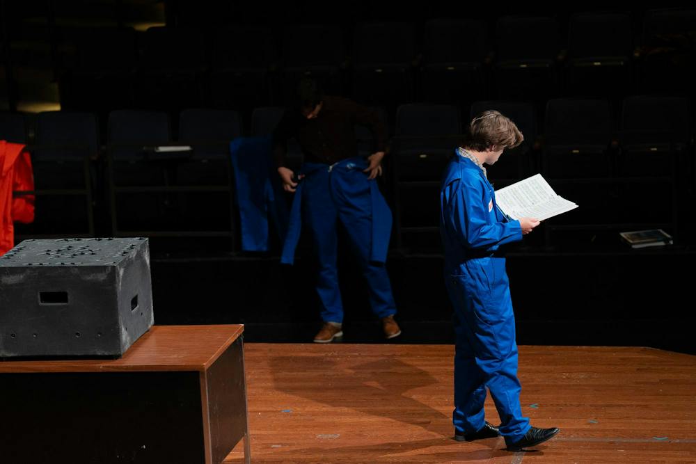 <p>A Michigan State student practices his lines for the upcoming production of "Discovery" at Wharton Center in East Lansing, Mich., on Tuesday, Sept. 22, 2026.</p>