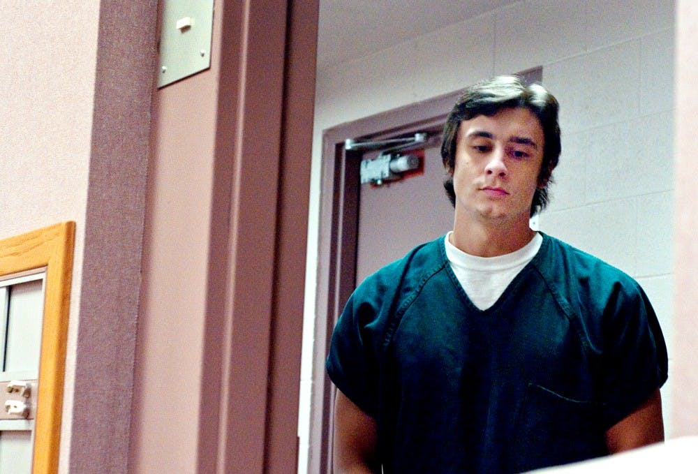 	<p>College of Osteopathic Medicine graduate student Andrew Thompson enters the court room of Judge Richard Ball Friday morning at the 54B District Court. Thompson is being charged with killing three Italian greyhounds while living in a M.A.C. Avenue condominium.</p>