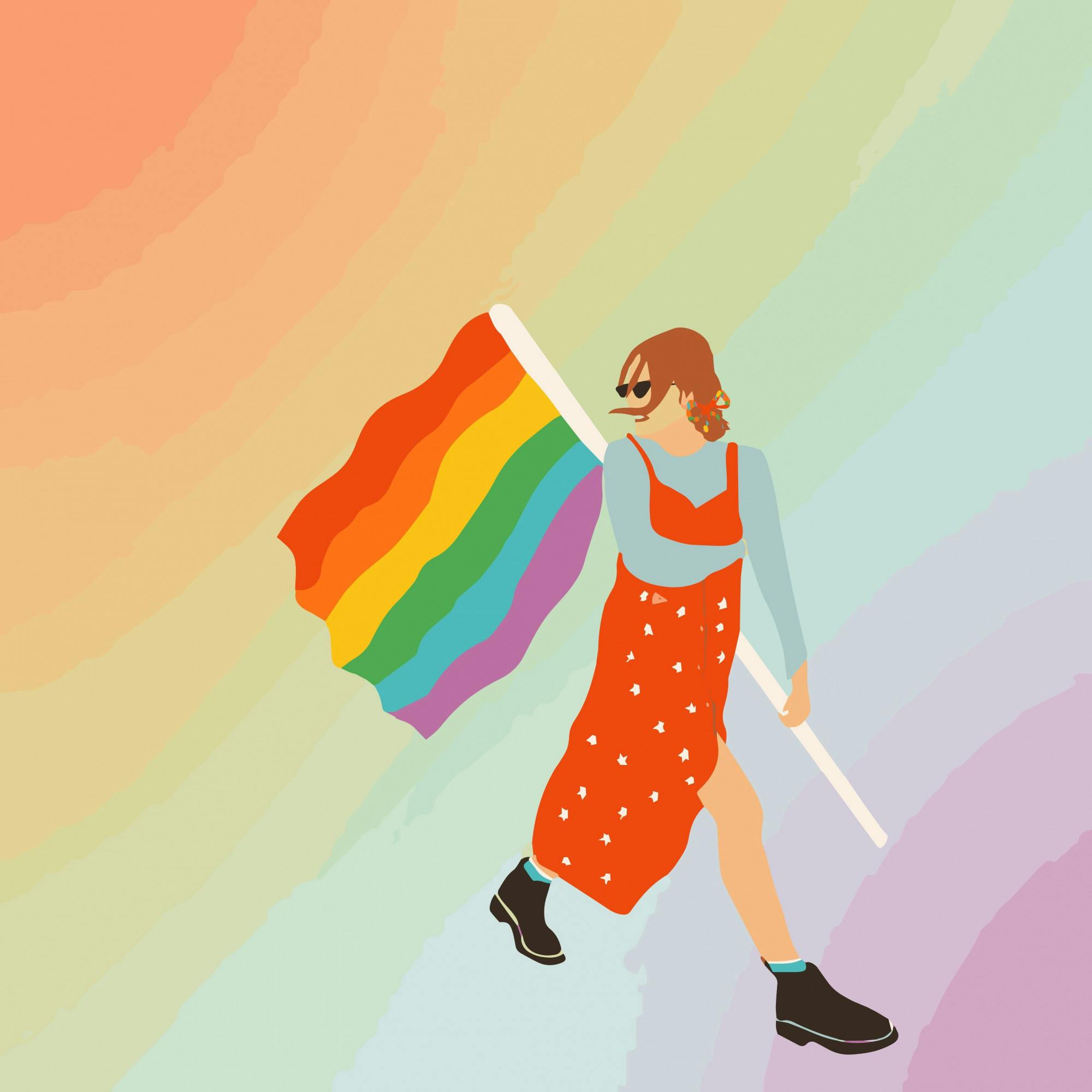 <p>Illustration of a woman holding an LGBTQ+ flag.</p>