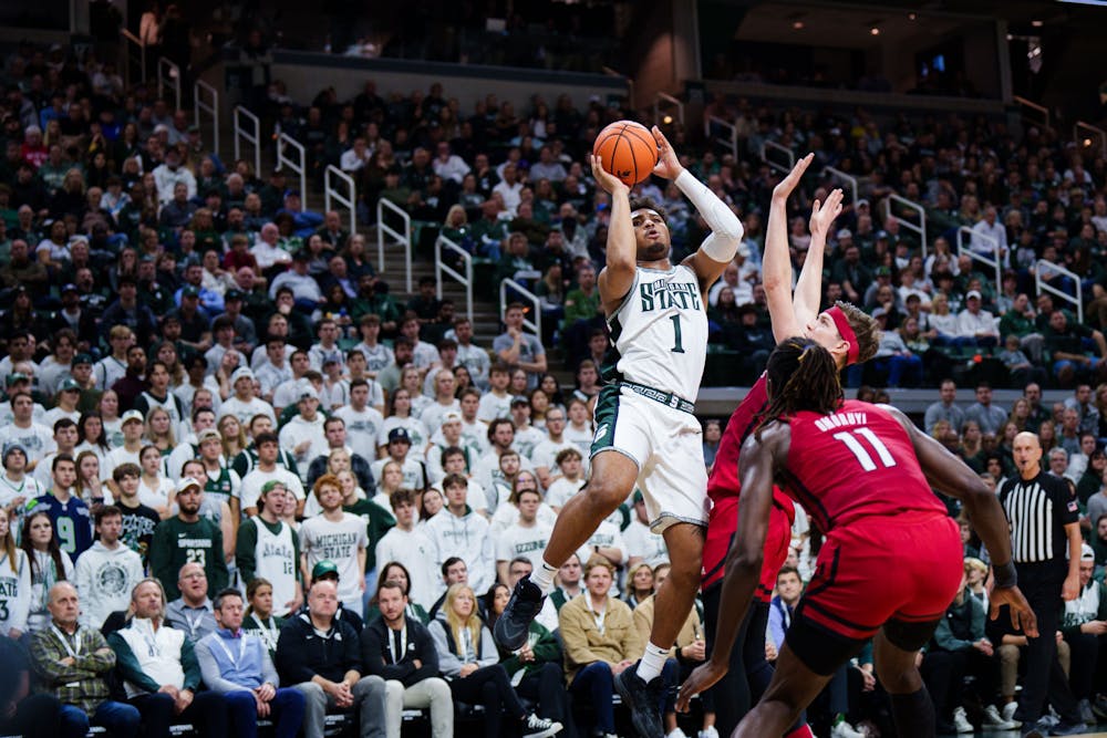 <p>Sophomore guard Pierre Brooks II (1) shoots a jump shot during a matchup against Rutgers, held at the Breslin Center on Jan. 19, 2023. The Spartans defeated the Scarlet Knights 70-57.</p>