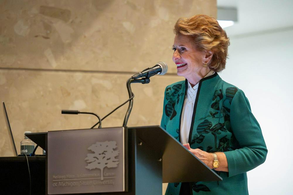 <p>Former U.S. Sen. Debbie Stabenow speaks during the Stuckman Lecture Series at the Kellogg Center in East Lansing, Mich., on Wednesday, Sept. 23, 2026. Stabenow discussed the future of food and farm policy during the lecture.</p>