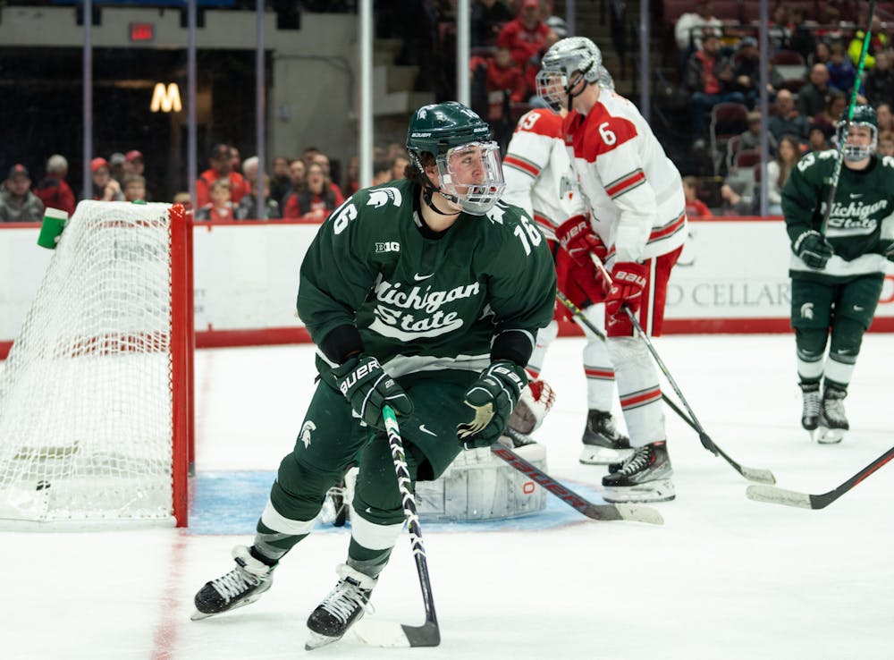 Sophomore forward Jesse Tucker celebrates after scoring against Ohio State University at Schottenstein Center on Jan. 6, 2023. The Spartans lost to the Buckeyes with a score of 3-1. 