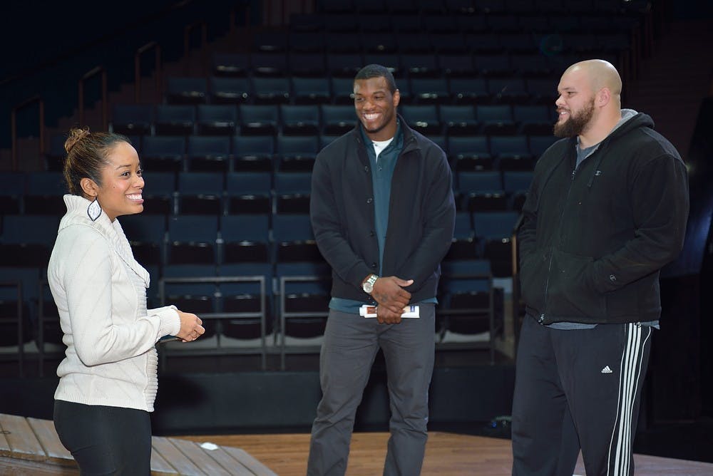 	<p>From left, actress Paige Hernandez, sophomore defensive end Shilique Calhoun, and senior outside guard Blake Treadwell. Photo Courtesy of Harley J. Seeley and the <span class="caps">MSU</span> Wharton Center</p>