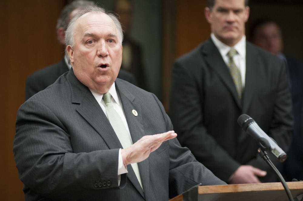 <p>Newly appointed interim president John Engler addresses the media on Jan. 31, 2018, at Hannah Administration Building. (C.J. Weiss | The State News)</p>