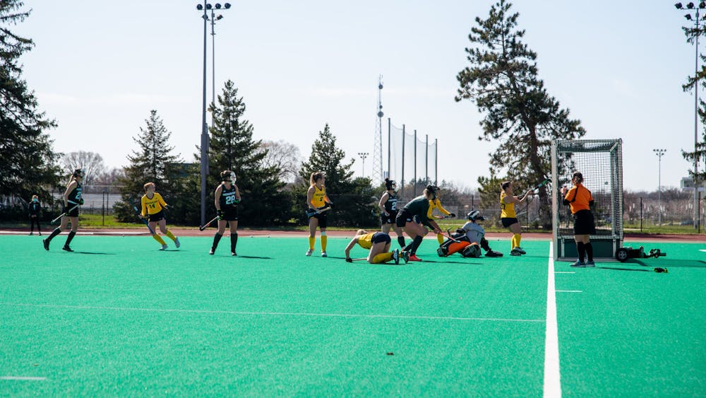 Michigan scores after a penalty corner  at Ralph Young Field on April 2, 2021.