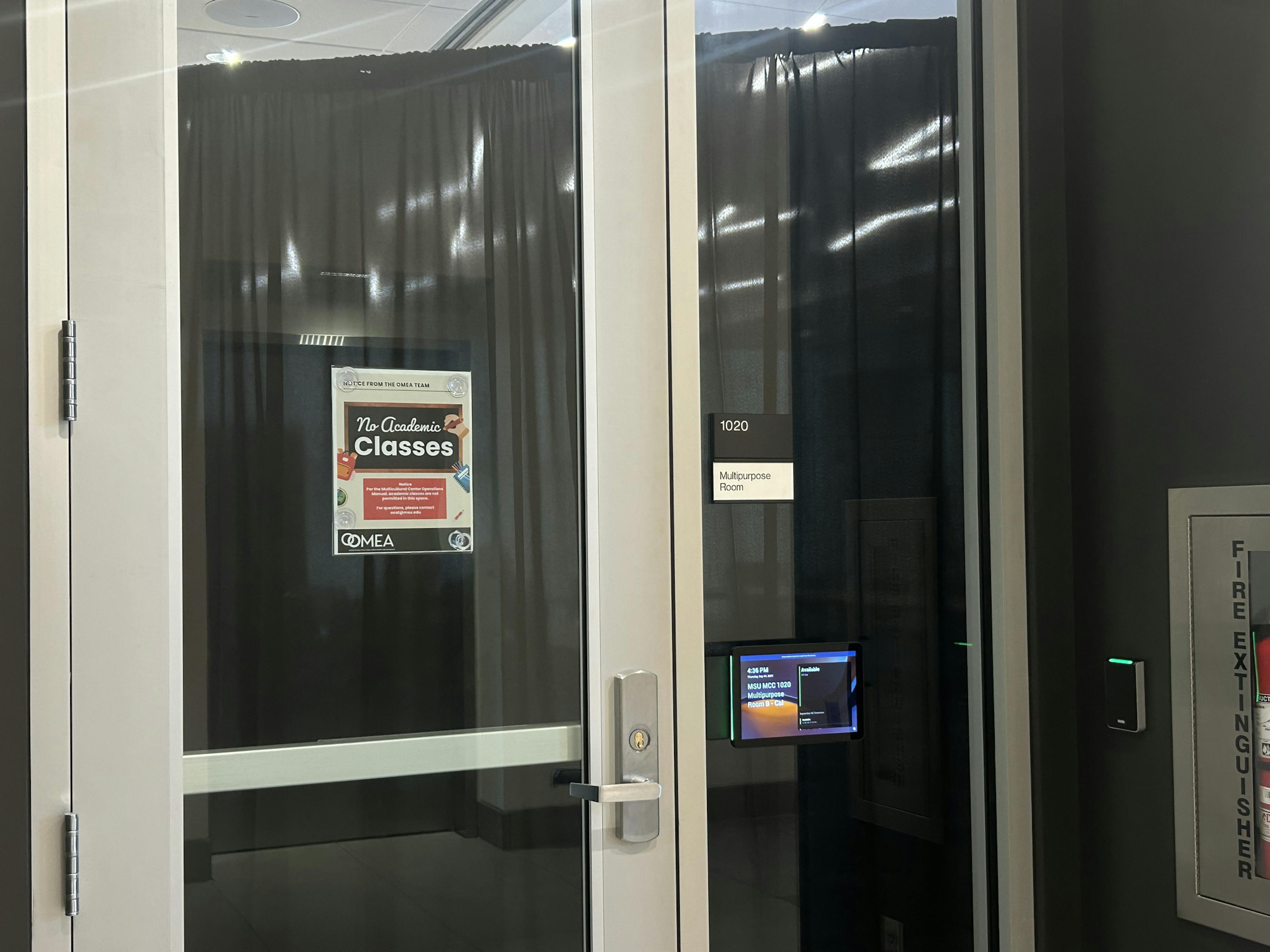 A black curtain obscures any view of the Michigan State University Board of Trustee's September 4, 2025, "stakeholder forum." The private event replaced the board's first public meeting of the school year.