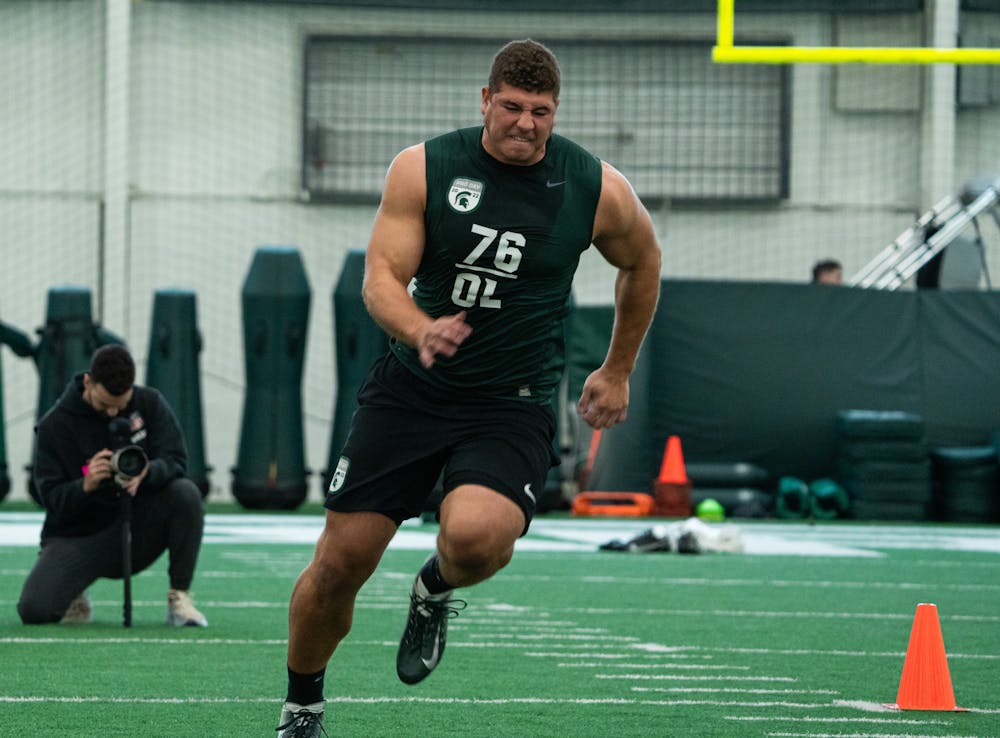 <p>Michigan State graduate student AJ Arcuri putting in everything he has for the 3 cone drill, on Mar. 16, 2022 at the Duffy Daugherty Indoor Football Building.</p>