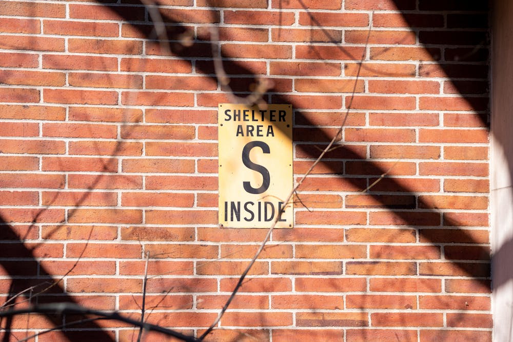 A "Shelter Area Inside" sign outside of the Student Services building on Feb. 26, 2023. 