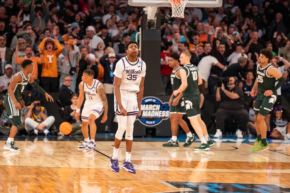Junior forward Nae'Qwan Tomlin celebrates during the Spartans' Sweet Sixteen matchup with Kansas State at Madison Square Garden on Mar. 23, 2023. The Spartans lost to the Wildcats 98-93 in overtime.